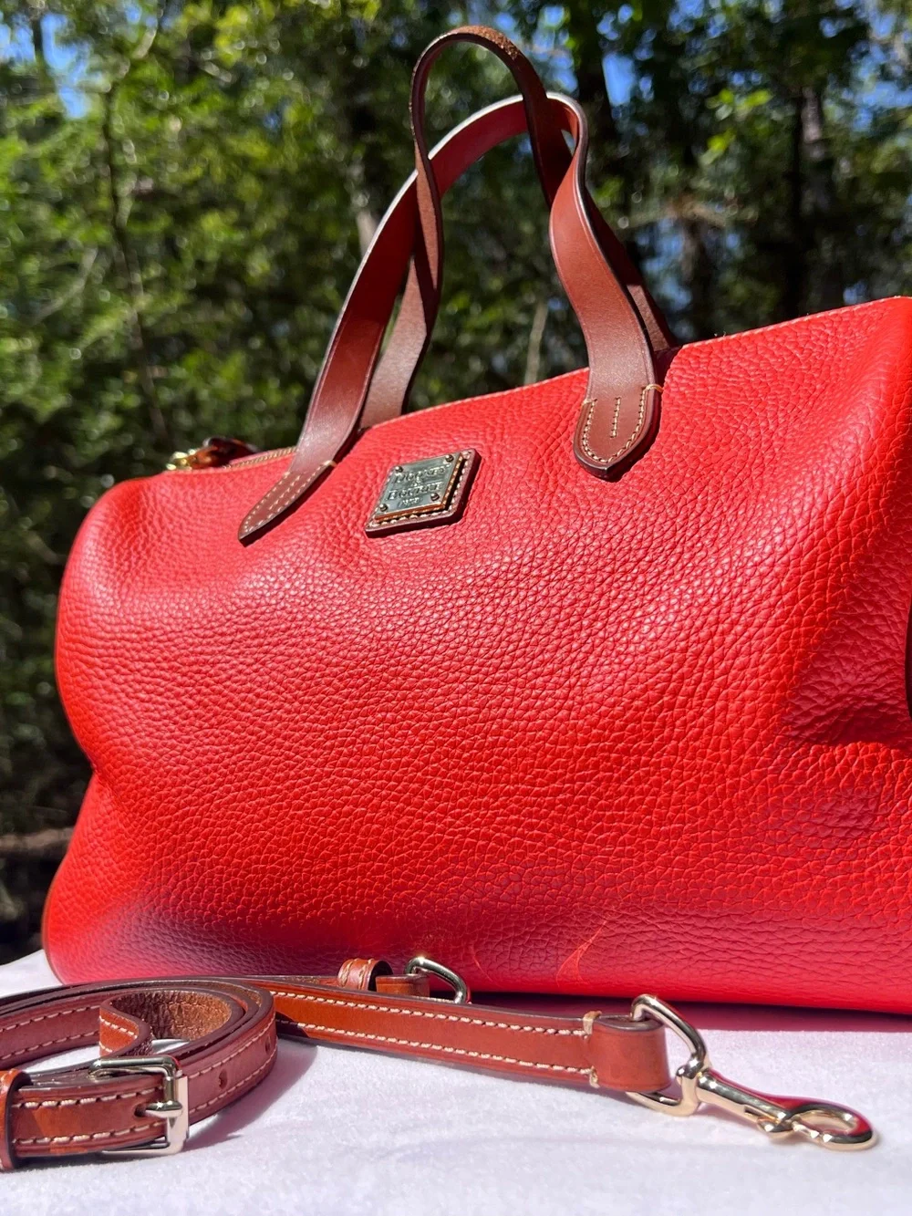 Orange Dooney & Bourke Pebbled Leather Satchel with Brown Trim